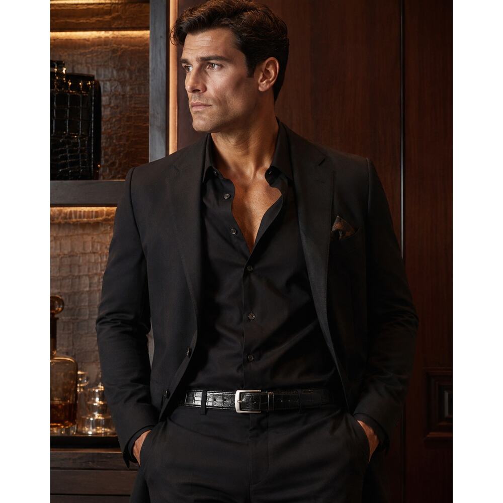 Paul Fredrick Italian Belt Embossed Calf Leather Black Croc Texture 52 2XL 3XL